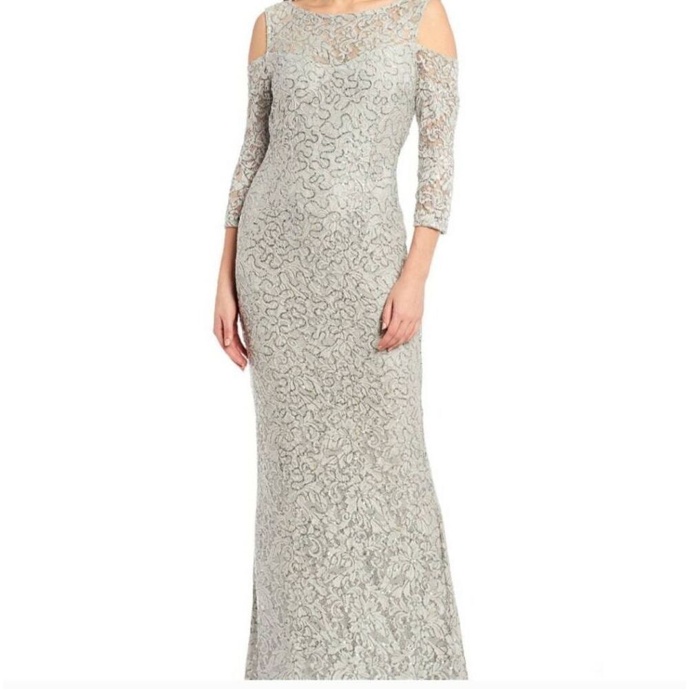 Marina Size 10 Sequin Long-Sleeve Lace Evening Gown Dress Formal Wedding NWOT A